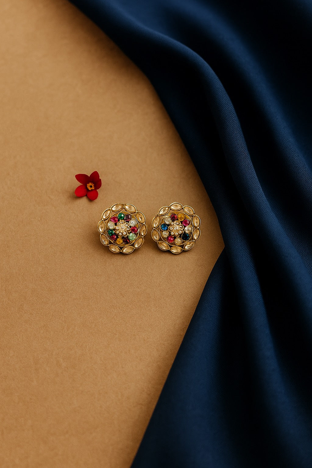Navratna Lotus Stud Earrings
