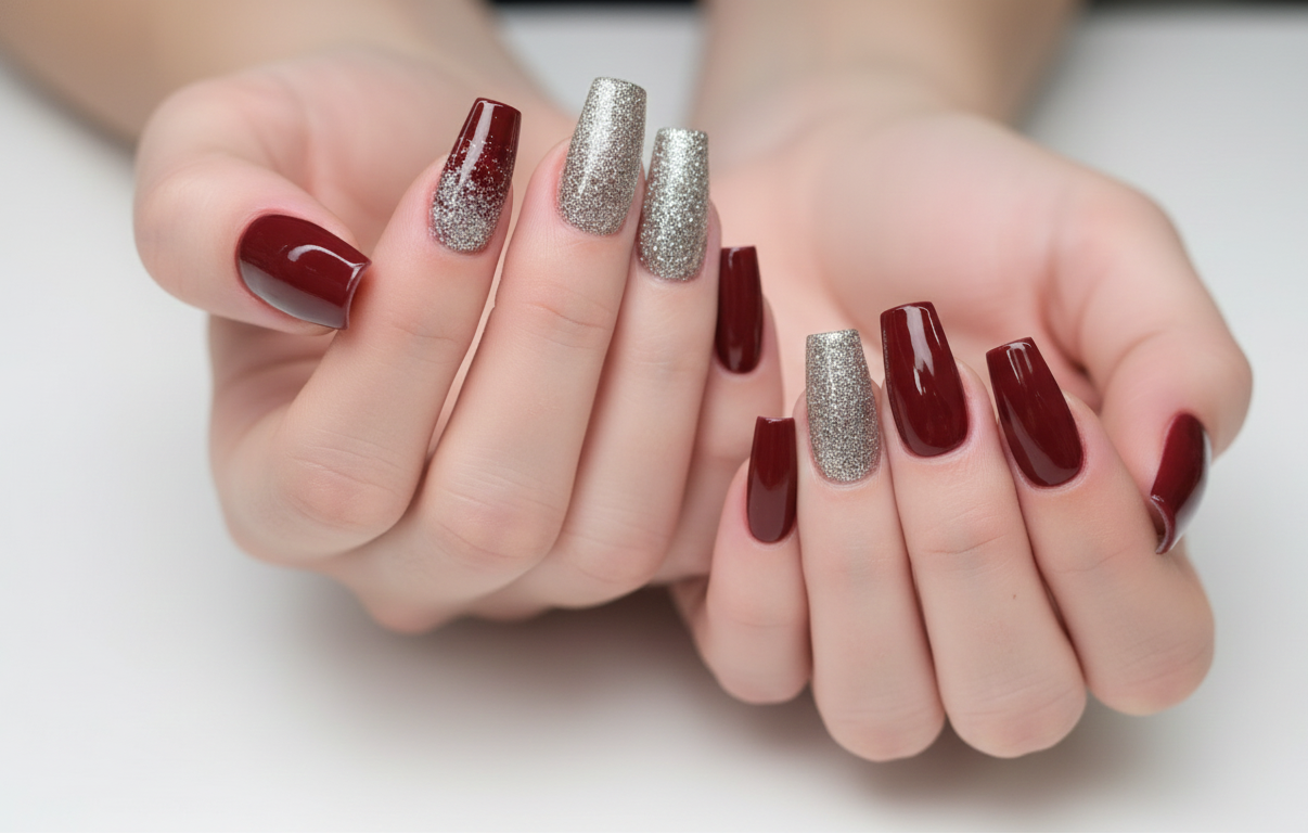 Wine & Silver Luxe Nails