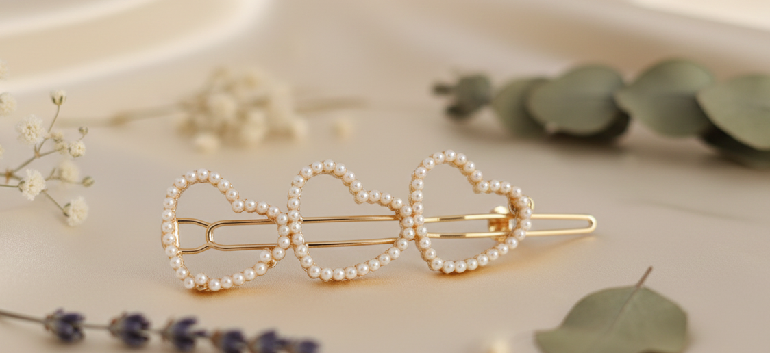 Triple Heart Pearl Hair Clip