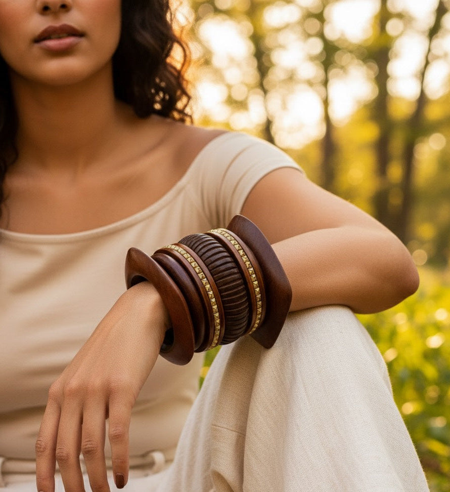 Rustic Glow Wooden Bangle Stack (Pack of 7)
