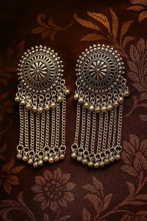 Aarvi Oxidised Chain Fringe Earrings