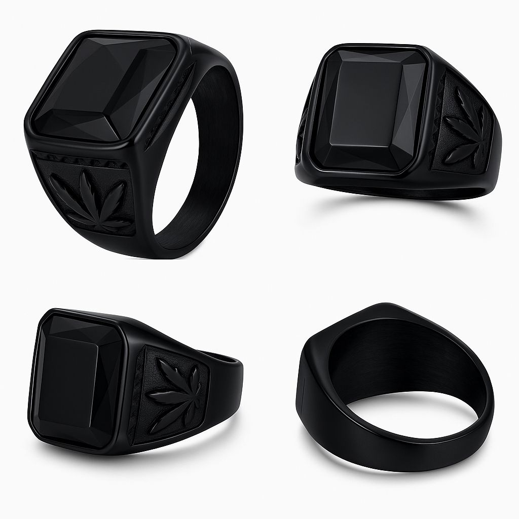 Black Cannabis Leaf Onyx Signet Ring