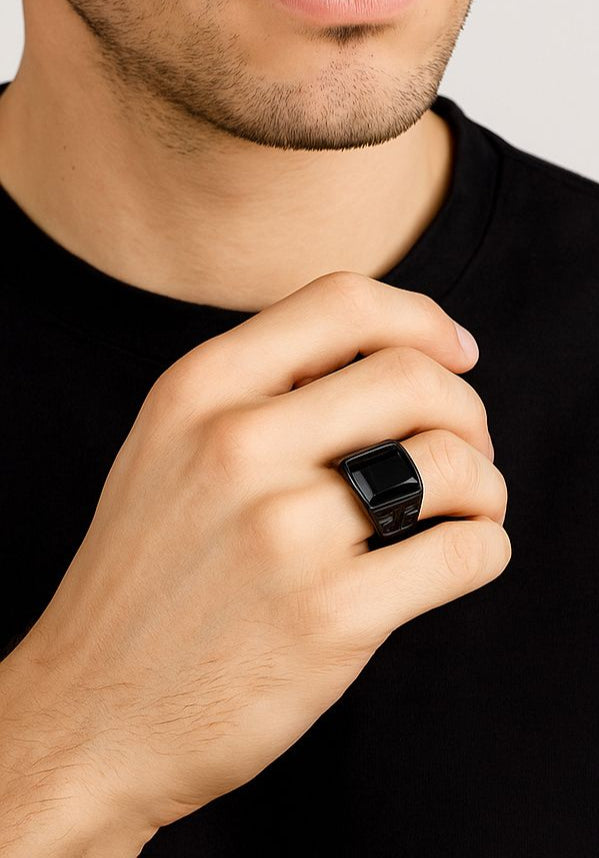 Black Cannabis Leaf Onyx Signet Ring